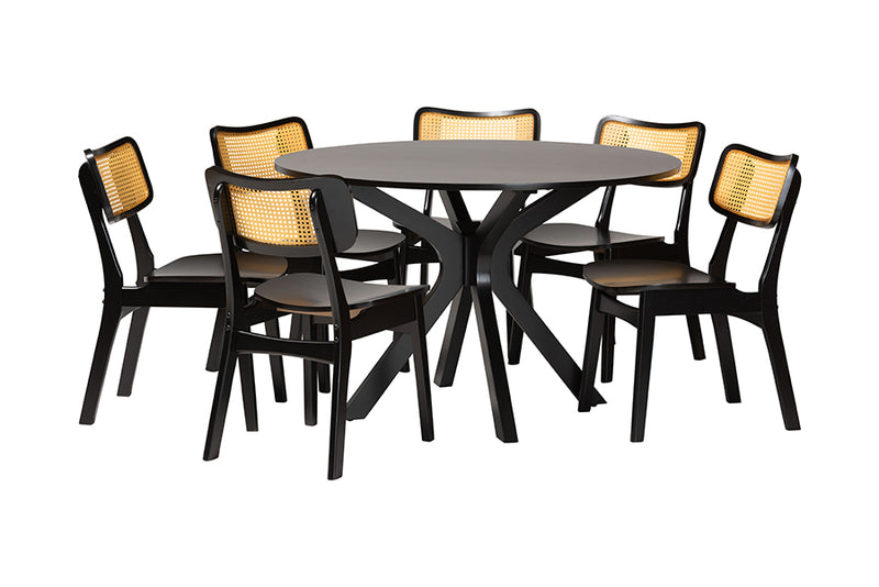 Damara Mid-Century Modern Dark Brown Finished Wood and Rattan 7-Piece Dining Set