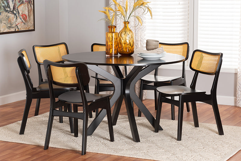 Damara Mid-Century Modern Dark Brown Finished Wood and Rattan 7-Piece Dining Set