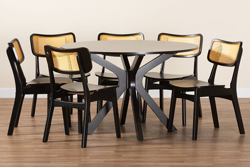 Damara Mid-Century Modern Dark Brown Finished Wood and Rattan 7-Piece Dining Set