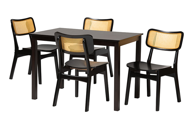 Kenyon Mid-Century Modern Dark Brown Finished Wood and Rattan 5-Piece Dining Set