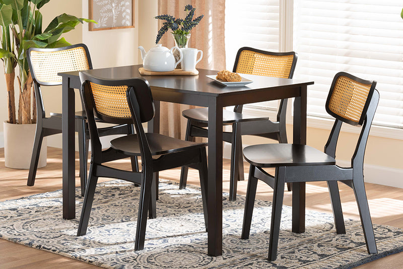 Kenyon Mid-Century Modern Dark Brown Finished Wood and Rattan 5-Piece Dining Set