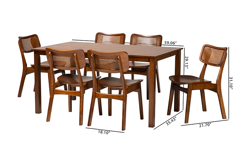 Kenyon Mid-Century Modern Walnut Brown Finished Wood and Rattan 7-Piece Dining Set