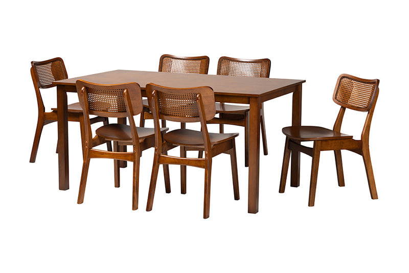 Kenyon Mid-Century Modern Walnut Brown Finished Wood and Rattan 7-Piece Dining Set