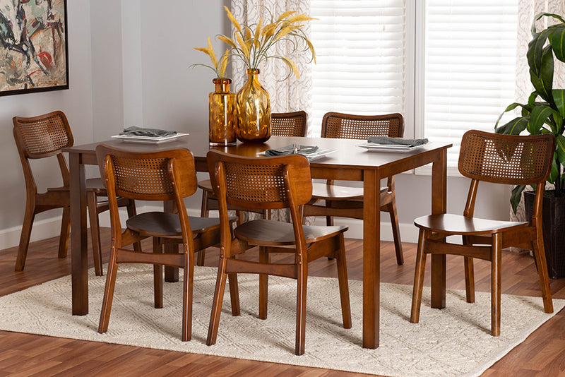 Kenyon Mid-Century Modern Walnut Brown Finished Wood and Rattan 7-Piece Dining Set