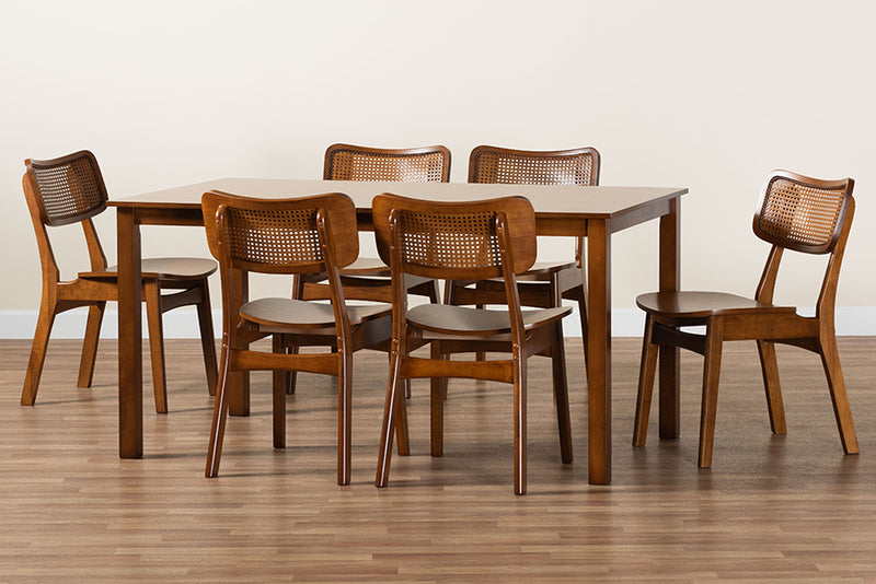 Kenyon Mid-Century Modern Walnut Brown Finished Wood and Rattan 7-Piece Dining Set