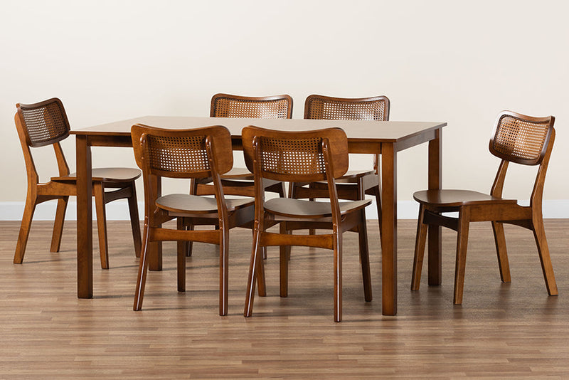 Kenyon Walnut Brown and Rattan 7-Piece Dining Set Baxton