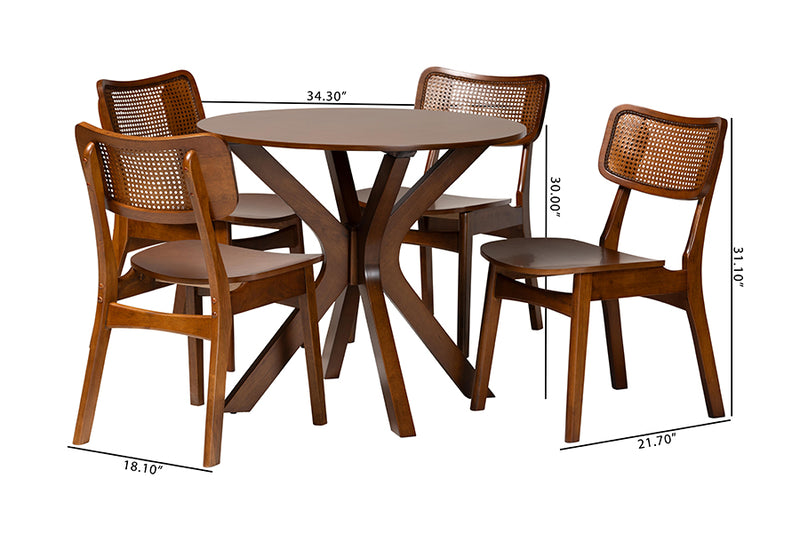 Damara Mid-Century Modern Walnut Brown Finished Wood and Rattan 5-Piece Dining Set