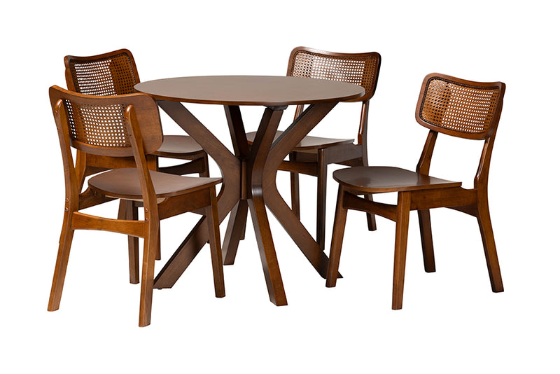 Damara Mid-Century Modern Walnut Brown Finished Wood and Rattan 5-Piece Dining Set