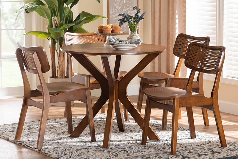 Damara Mid-Century Modern Walnut Brown Finished Wood and Rattan 5-Piece Dining Set