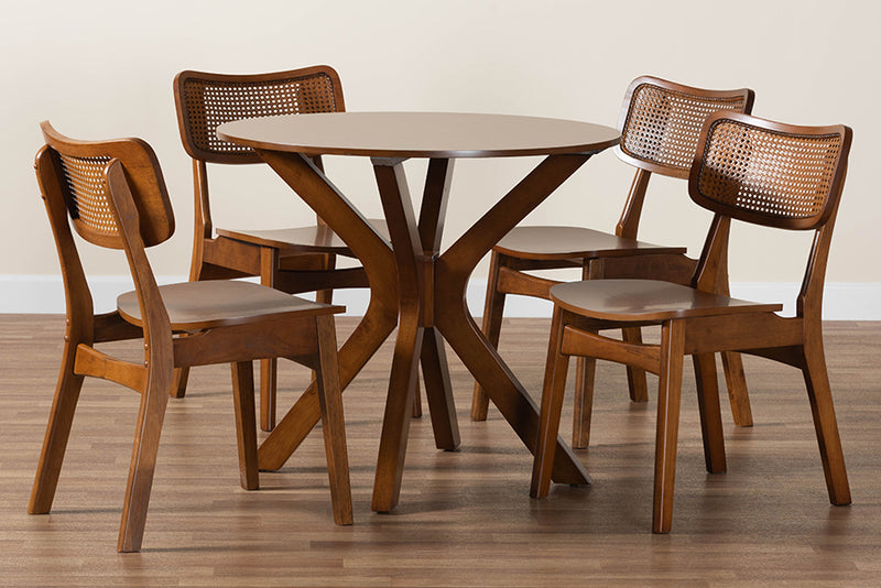 Damara Mid-Century Modern Walnut Brown Finished Wood and Rattan 5-Piece Dining Set