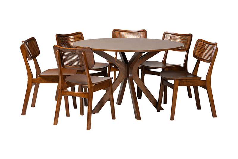 Damara Mid-Century Modern Walnut Brown Finished Wood and Rattan 7-Piece Dining Set