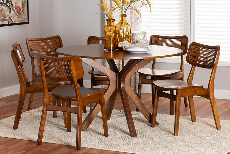 Damara Mid-Century Modern Walnut Brown Finished Wood and Rattan 7-Piece Dining Set