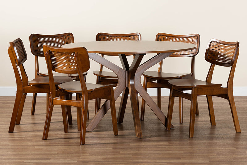 Damara Mid-Century Modern Walnut Brown Finished Wood and Rattan 7-Piece Dining Set