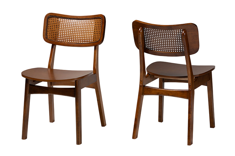 Iglehart Mid-Century Modern Walnut Brown Finished Wood and Rattan 2-Piece Dining Chair Set