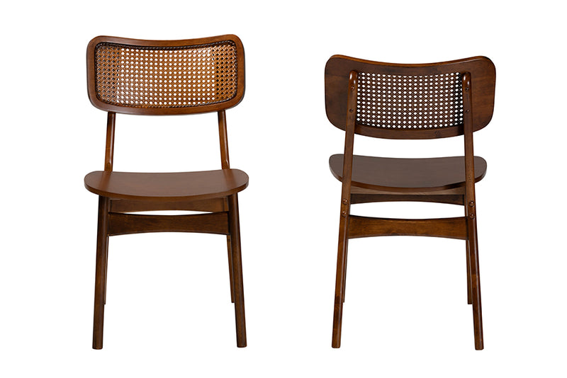 Iglehart Mid-Century Modern Walnut Brown Finished Wood and Rattan 2-Piece Dining Chair Set