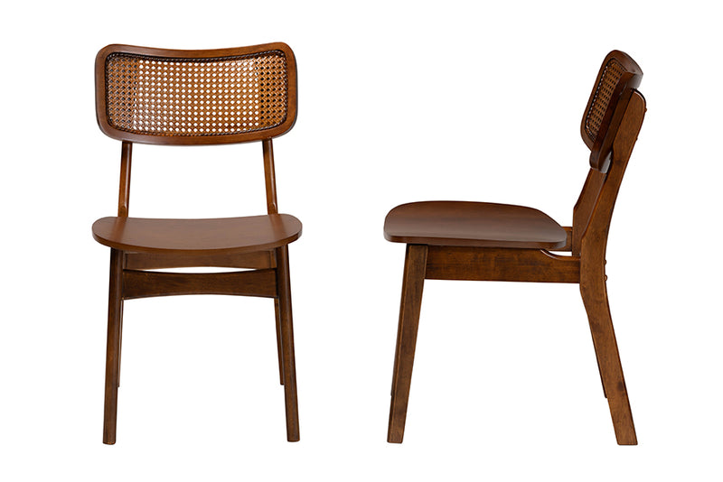 Iglehart Mid-Century Modern Walnut Brown Finished Wood and Rattan 2-Piece Dining Chair Set