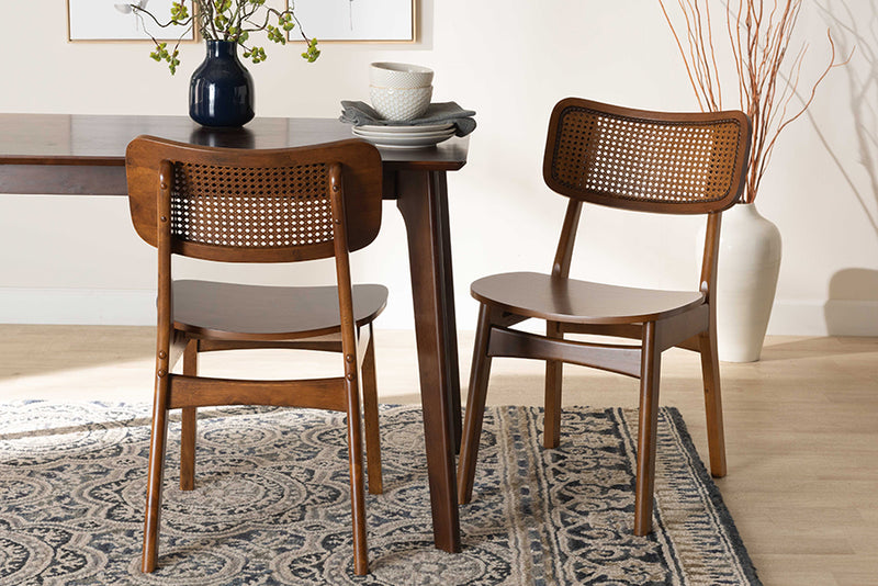 Iglehart Mid-Century Modern Walnut Brown Finished Wood and Rattan 2-Piece Dining Chair Set