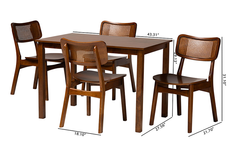 Kenyon Mid-Century Modern Walnut Brown Finished Wood and Rattan 5-Piece Dining Set