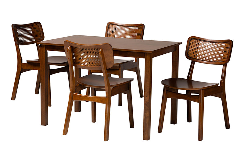 Kenyon Mid-Century Modern Walnut Brown Finished Wood and Rattan 5-Piece Dining Set