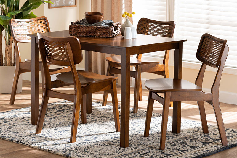 Kenyon Mid-Century Modern Walnut Brown Finished Wood and Rattan 5-Piece Dining Set