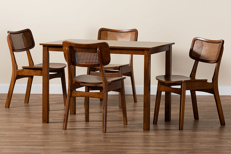 Kenyon Mid-Century Modern Walnut Brown Finished Wood and Rattan 5-Piece Dining Set