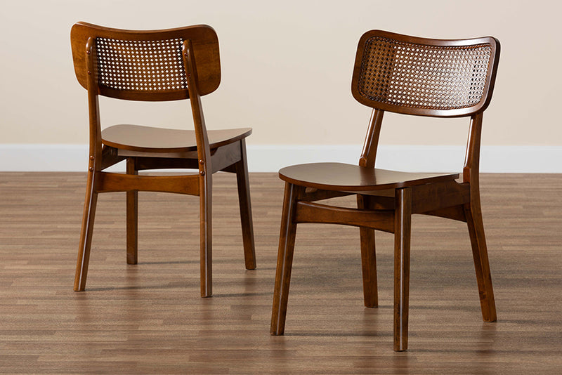 Iglehart Mid-Century Modern Walnut Brown Finished Wood and Rattan 2-Piece Dining Chair Set