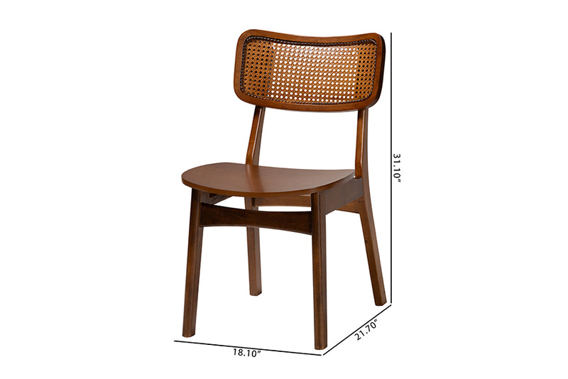 Iglehart Mid-Century Modern Walnut Brown Finished Wood and Rattan 2-Piece Dining Chair Set