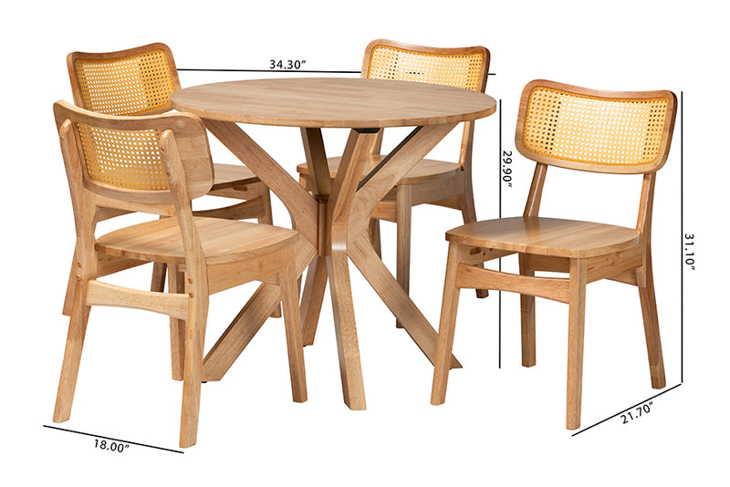 Hildon Mid-Century Modern Oak Brown Finished Wood and Rattan 5-Piece Dining Set