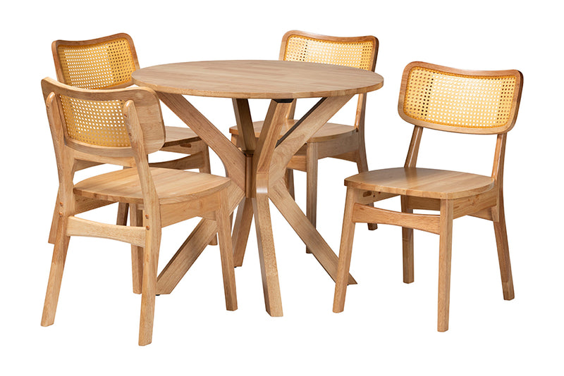 Hildon Mid-Century Modern Oak Brown Finished Wood and Rattan 5-Piece Dining Set