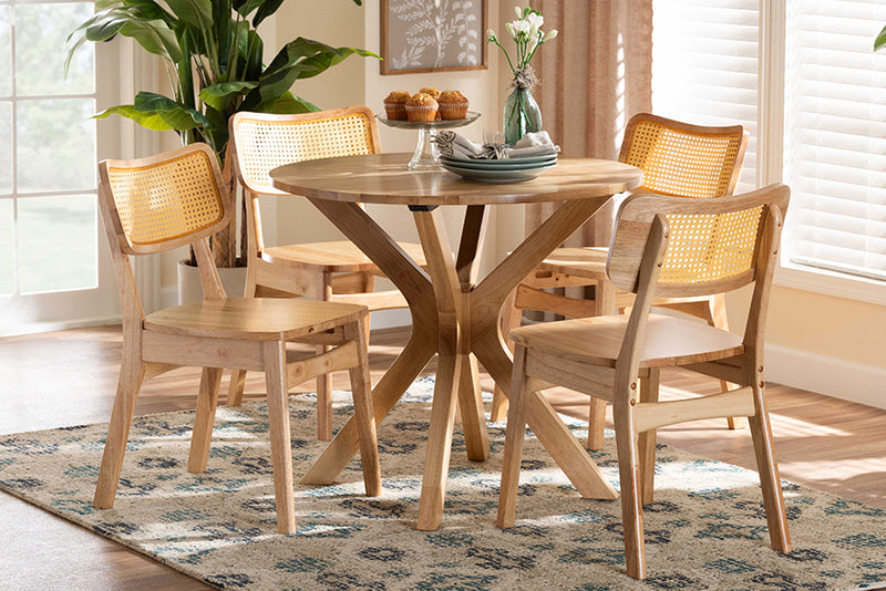 Hildon Mid-Century Modern Oak Brown Finished Wood and Rattan 5-Piece Dining Set