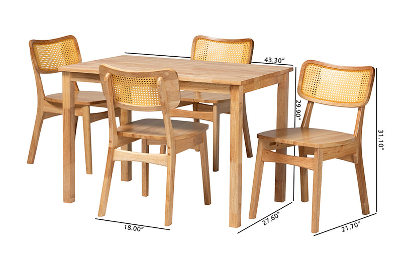 Emmeline Mid-Century Modern Oak Brown Finished Wood and Rattan 5-Piece Dining Set