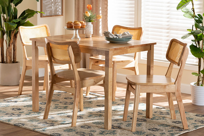 Emmeline Mid-Century Modern Oak Brown Finished Wood and Rattan 5-Piece Dining Set