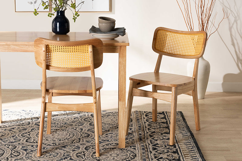 Elitia Mid-Century Modern Oak Brown Finished Wood and Rattan 2-Piece Dining Chair Set