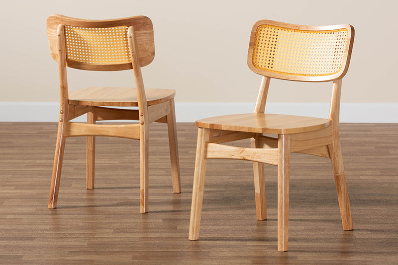 Elitia Mid-Century Modern Oak Brown Finished Wood and Rattan 2-Piece Dining Chair Set