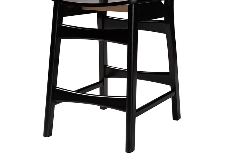 Bentley Mid-Century Modern Dark Brown Finished Wood and Rattan 2-Piece Counter Stool Set