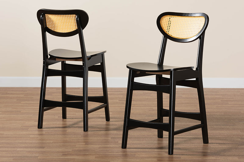 Bentley Mid-Century Modern Dark Brown Finished Wood and Rattan 2-Piece Counter Stool Set