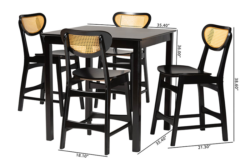 Bentley Mid-Century Modern Dark Brown Finished Wood and Rattan 5-Piece Pub Set