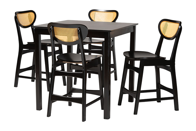 Bentley Mid-Century Modern Dark Brown Finished Wood and Rattan 5-Piece Pub Set