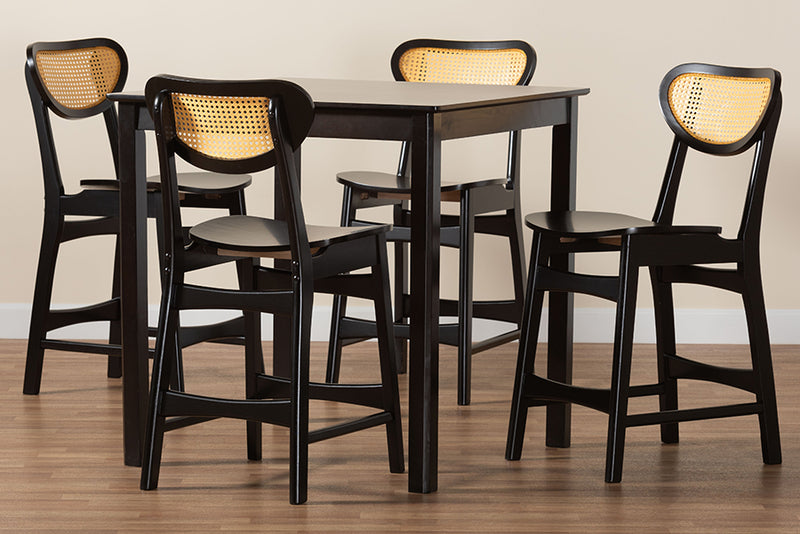 Bentley Mid-Century Modern Dark Brown Finished Wood and Rattan 5-Piece Pub Set