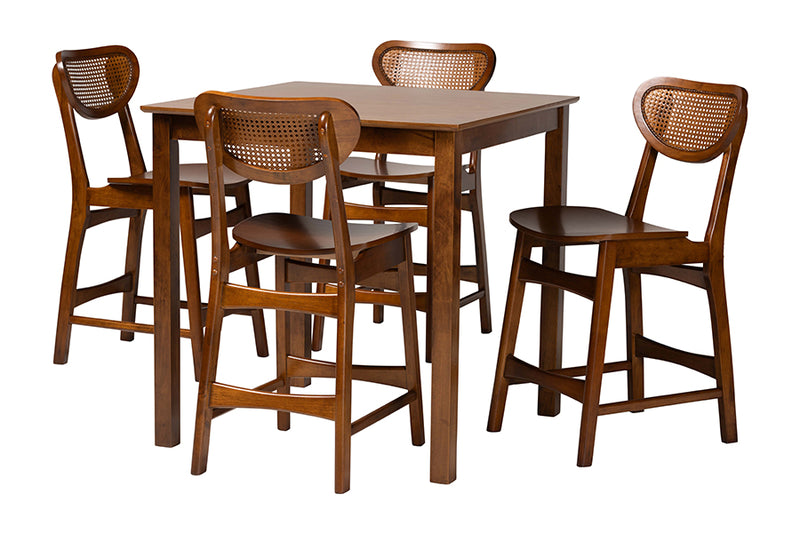 Bentley Mid-Century Modern Walnut Brown Finished Wood and Rattan 5-Piece Pub Set