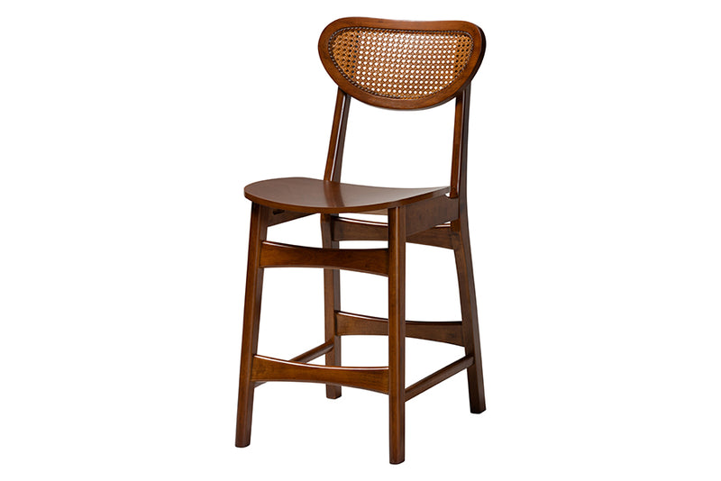 Bentley Mid-Century Modern Walnut Brown Finished Wood and Rattan 5-Piece Pub Set