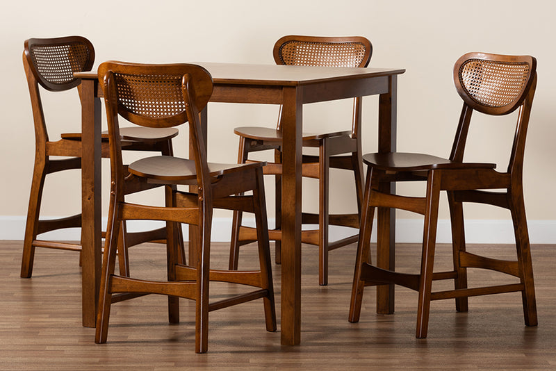 Bentley Mid-Century Modern Walnut Brown Finished Wood and Rattan 5-Piece Pub Set