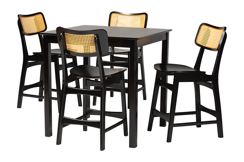 Iglehart Mid-Century Modern Dark Brown Finished Wood and Rattan Pub Set