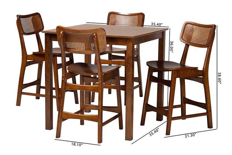 Iglehart Mid-Century Modern Walnut Brown Finished Wood and Rattan Pub Set