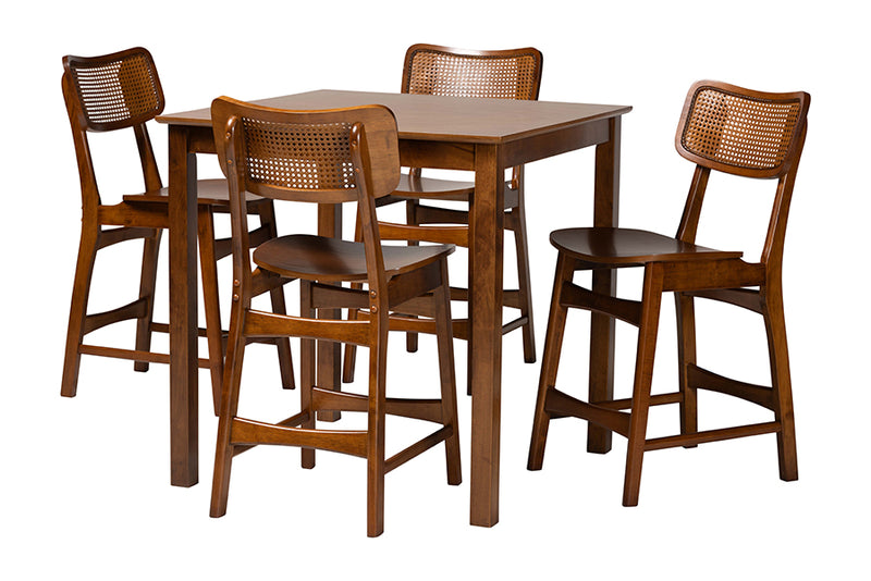 Iglehart Mid-Century Modern Walnut Brown Finished Wood and Rattan Pub Set