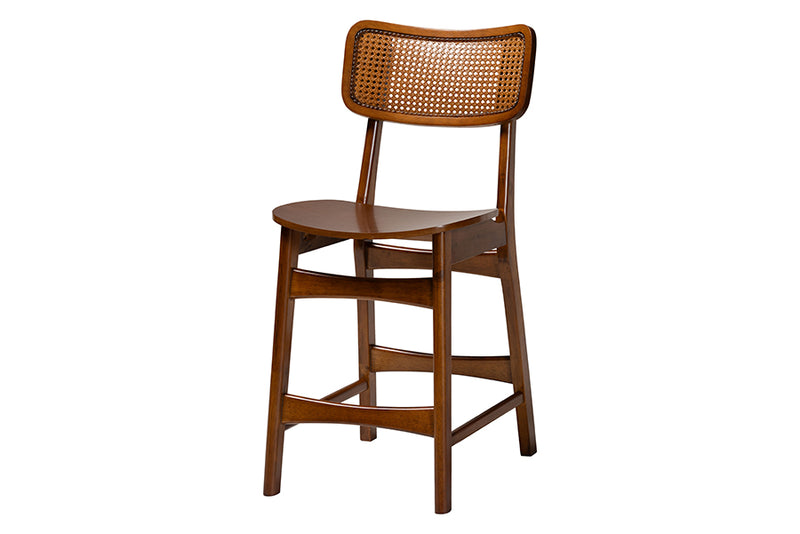 Iglehart Mid-Century Modern Walnut Brown Finished Wood and Rattan Pub Set