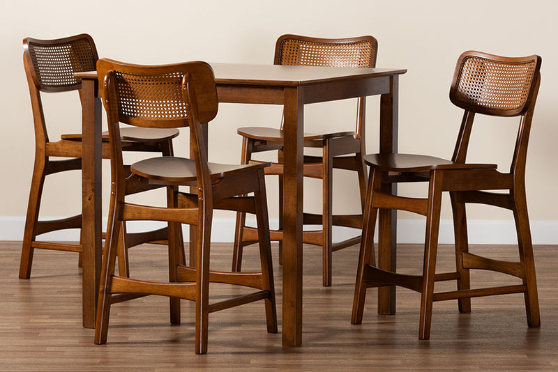 Iglehart Mid-Century Modern Walnut Brown Finished Wood and Rattan Pub Set