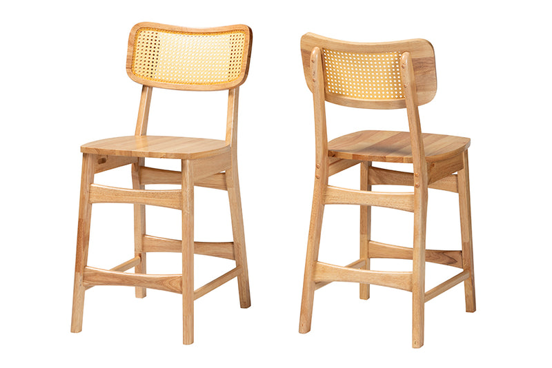 Elitia Mid-Century Modern Oak Brown Finished Wood and Rattan 2-Piece Counter Stool Set