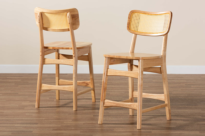 Elitia Mid-Century Modern Oak Brown Finished Wood and Rattan 2-Piece Counter Stool Set