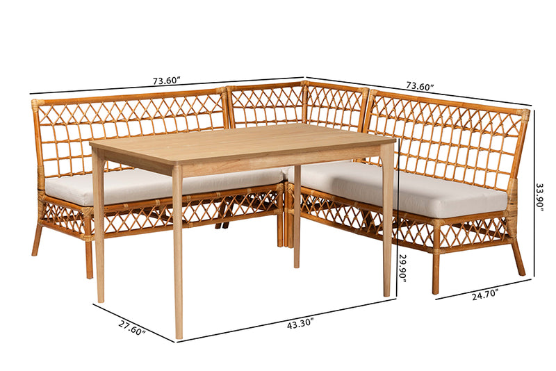 Keswick Modern Bohemian Honey Rattan 4-Piece Dining Nook Set